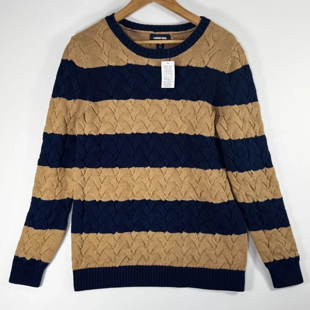 Lands End Women Drifter Sweater Medium Blue Tan Stripe Braided Cable Knit Preppy